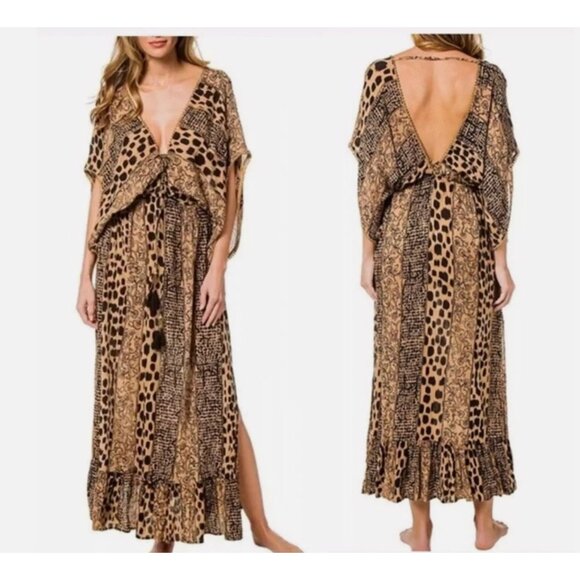 Anthropologie Dresses & Skirts - Anthropologie L Animal Print Kaftan Maxi Dress Flowy Coverup Elastic Waist Brown